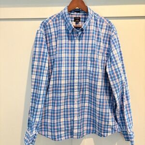 J Crew Shirt Men's XXL Blue Pink Flex Washed Slim Fit Plaid Casual Button Down